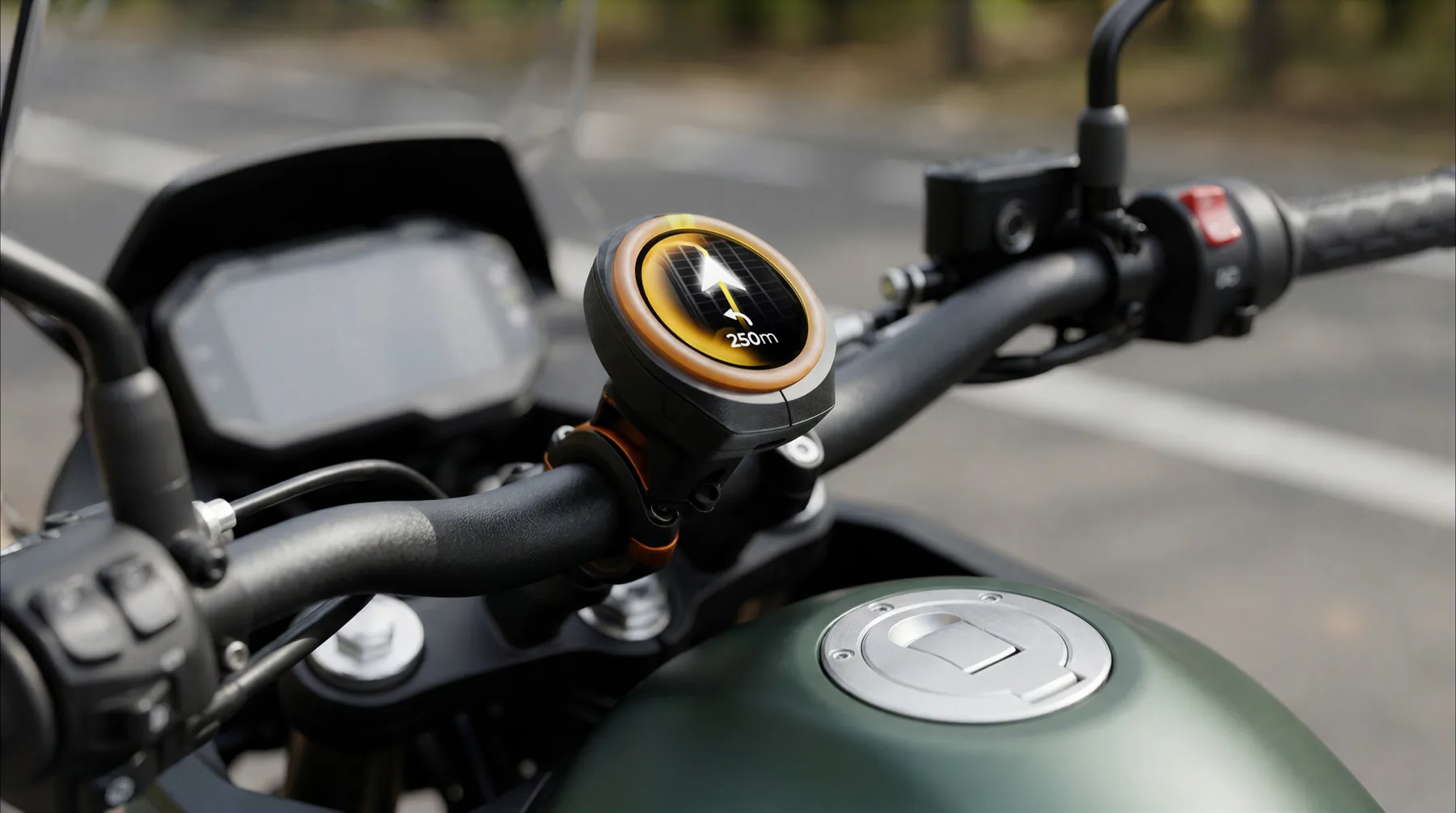 Round navigation display on a motorcycle handlebar